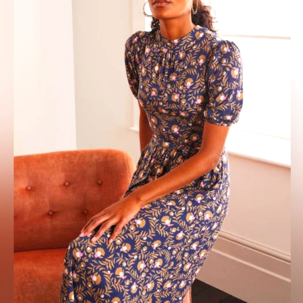 Boden Flora Jersey Puff Sleeve Dress in Navy, Wild Bramble size 12 NWT